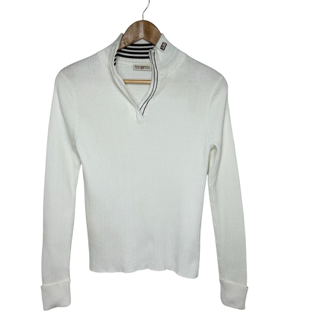 Polo jeans Ralph Lauren Cotton White 1/4 Zipper Knit Ribbed Preppy Sweater‎ L